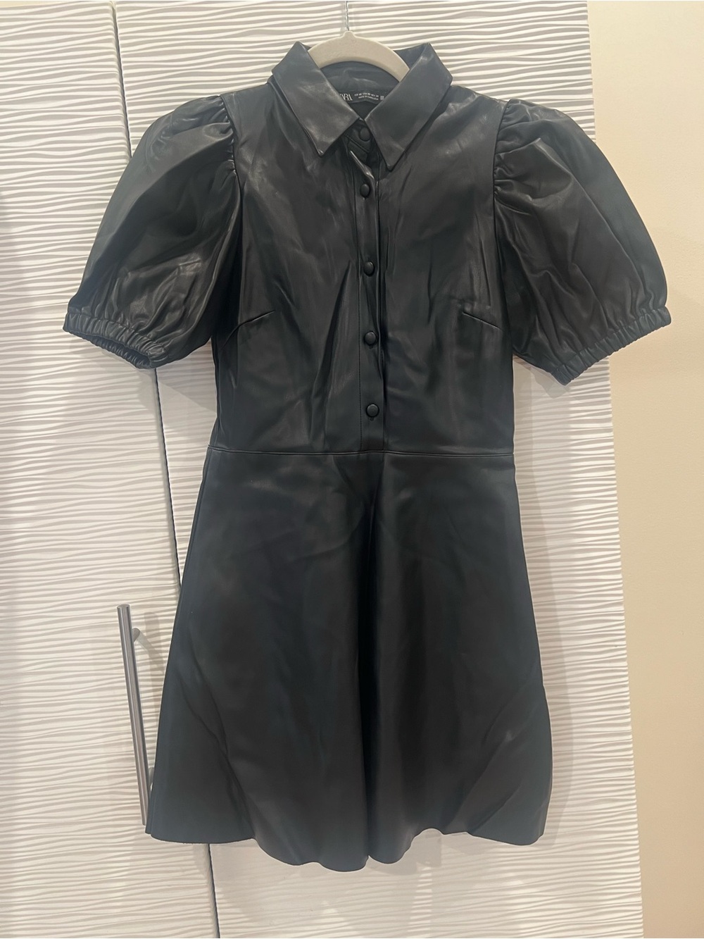 Zara Black Faux Leather Puff-Sleeve Mini Dress
